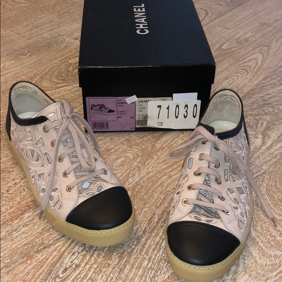 Chanel tennis shoes cutout tan cream black size 40 - Picture 2 of 6